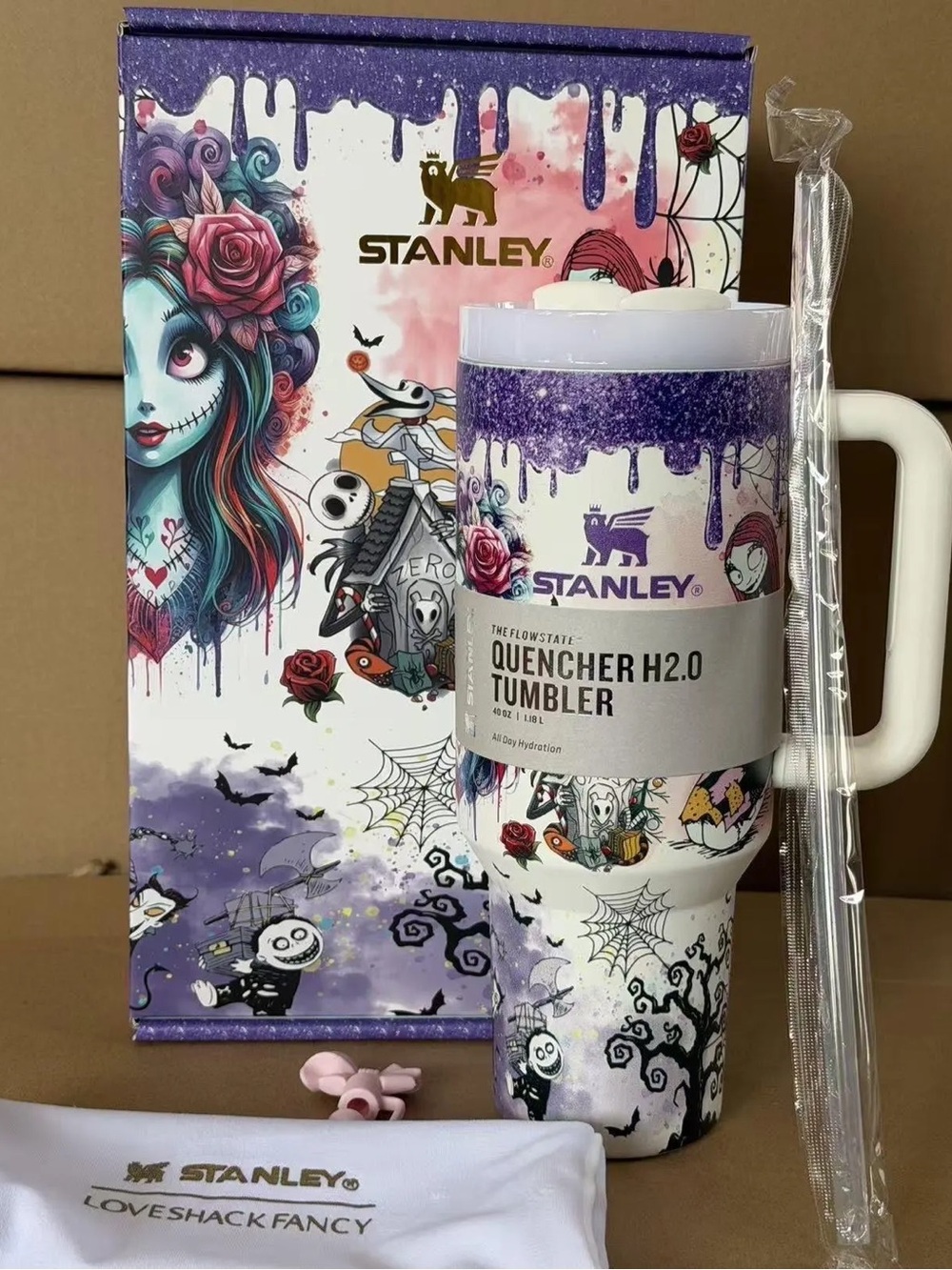 Stanley nightmare before Christmas Purple  White Skull & Floral Quencher Tumbler